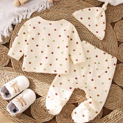 Baby Polka Dot Three-Piece Set 0-12 Months Old Newborn Spring and Autumn Soft Cotton Button-Up Top + Footed Pants + Hat Infant Fresh Polka Dot Cute Loungewear Set