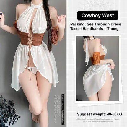 Sexy Lingerie Exotic Open Bra Corset Costume Porn Cowboy Outfit Seductive Halter Dress Tassel Handband See Through Greek Goddess