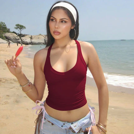 Hugcitar 2025 Summer Ribbed Halter Backless Solid Sexy Crop Tank Top Casual Y2K Women Clothes Beach Vacation Streetwear Yoga