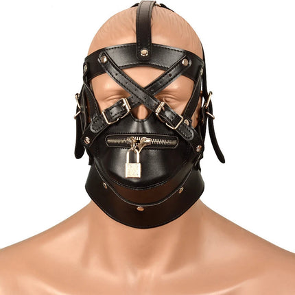 Sex BDSM Bondage Headband with Zipper Lock Sex Mask Headwear Adult Games Foreign Trade Leather with Lock Hat Sex Toys