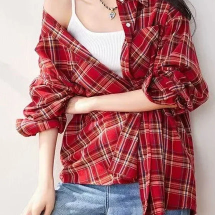 Retro Red Plaid Long Sleeve Women's Shirt Loose Fit Autumn Summer New Style Casual Fashion Open Cardigan Slimming Top Coat