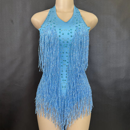 Sparkly Rhinestones Fringe Bodysuit Women Nightclub Party Dance Costume Stage Wear Sexy Tassel Leotard Performance Clothing 7G