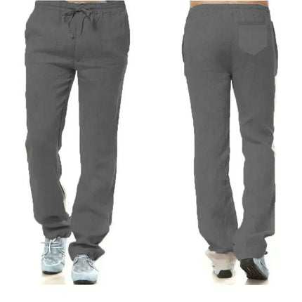 Men's Cotton Linen Trousers Men's Autumn New Breathable Leisure Solid Colour Drawstring Elastic Waist Running Trousers