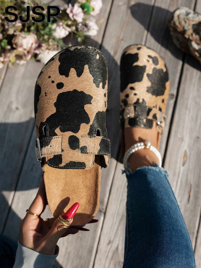 2025 New Women's Casual Autumn and Winter All-Season Outdoor Activities Animal Print Leopard Print Cow Print New Mules Slip-On Slippers Outdoor Flat Beach Shoes Trendy Fashion Animal Print Cow Print Leopard Print Cork Sole Sa