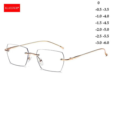 KLASSNUM Women Men Rimless Myopia Glasses Anti-blue Light Metal Frame Spectacles Diopter Minus 0-1.0-1.5-2.0-2.5-3.0-3.5-4.0-6.0