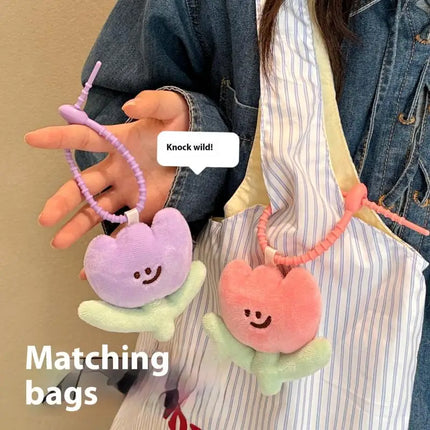 1PC Cute Cartoon Plush Tulip Keychain, Soft Stuffed Flower Doll Bag Pendant, Kawaii Flower Decoration Gift for Girls