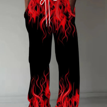 Fashion Men's Pants Casual Retro Flame Print Straight Leg Pants Summer Men'S Loose Fit Trousers With Drawstring As Gift