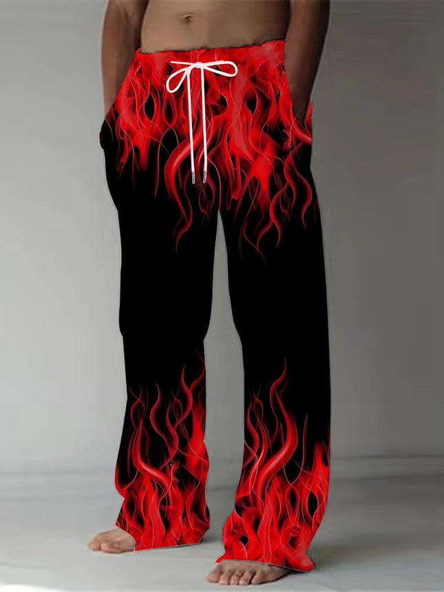 Fashion Men's Pants Casual Retro Flame Print Straight Leg Pants Summer Men'S Loose Fit Trousers With Drawstring As Gift