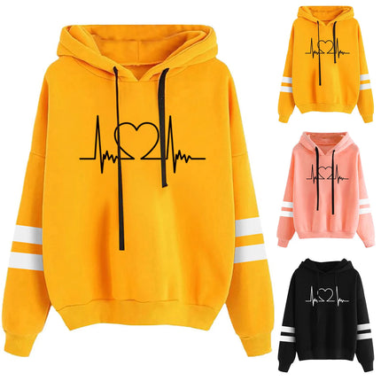 Fashion Heartbeat Printed Women Hoodies Lightweight Large Size Loose Pullover Female Solid Color Drawstring Hooded Sweatshirts