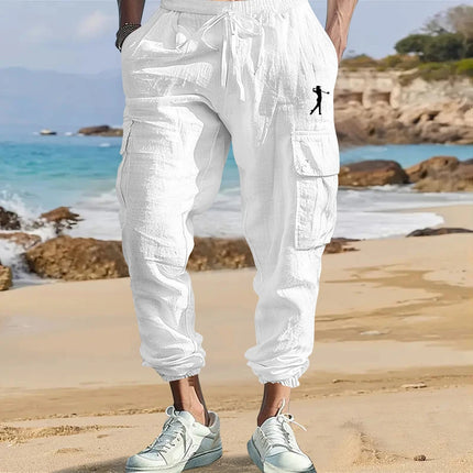 Men's Cotton Linen Blend Cargo Jogger Pants, Elastic Waist Drawstring Trousers with Side Pockets for Summer Casual Daily Outdoor