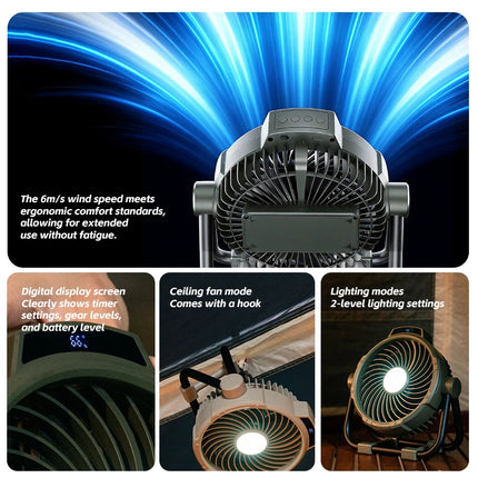 Portable 6 in 1 Outdoor Camping Fan 10000mAh Rechargeable Wireless Tent Ceiling Fan 5 Speed Adjustment Remote Control LED Light