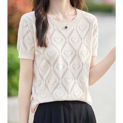 New Summer Fashion 100% Pure Cotton Women's Sweater Short sleeved Casual O-neck Pullover T-shirt Loose Knitted Hollow Top
