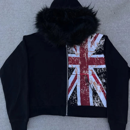 2025 Leather Collar National Flag Printed Zipper Sweatshirt Long Sleeve Pullover Hoodie Retro Jacket Street Y2K Popular Haircoat