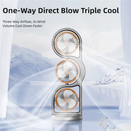 TINSOL New Portable USB Rechargeable Three-Head Fan – 360° Circulation, 5-Speed Wind, Dormitory and Outdoor Desktop Fan