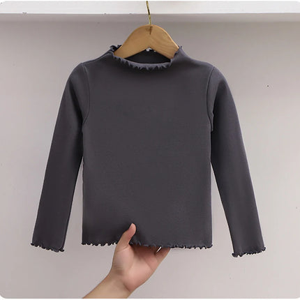Girls' Long-Sleeve T-Shirt with Ruffle Edges, Soft and Warm Fashion Solid Color Tops, Cute Spring Autumn Casual Shirt for Kids