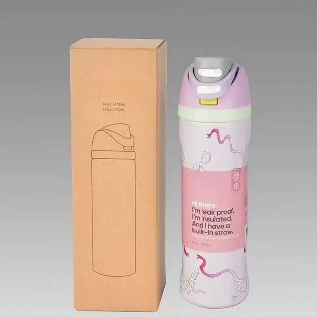 New 32oz24oz double-layer fruit cup large capacity direct drinking straw thermos bottle portable outdoor sports bottle