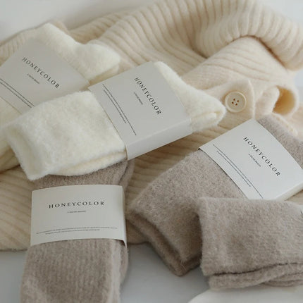 1 Pair Mid Tube Socks for Women Solid Color with Fleece Thickened Warm Floor Socks Winter Thermal Sleep Socks Set High Quality