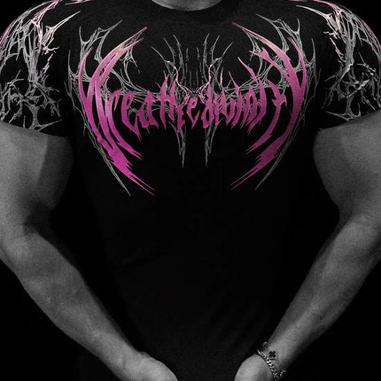 05-Men's Wing & Cross Print Compression Tight Fit Short Sleeve Sports Shirt Workout Tops Gym Compression High Stretch
