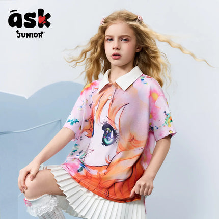 Children's Short-sleeved Summer Girls' Contrasting Colors and Girls' Pattern Printed Short-sleeved Polo Shirt