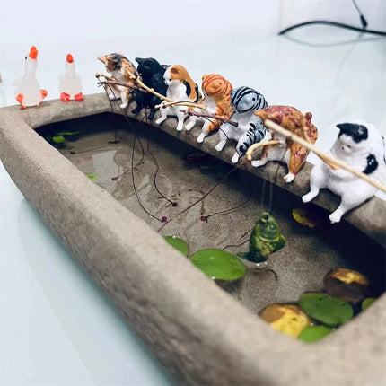 Cute Fishing Cat Fishbowl Fishing Figure Fisherman Figurine Cat Fishing Rod Seals Figures Cat Decoration Interior Accessories