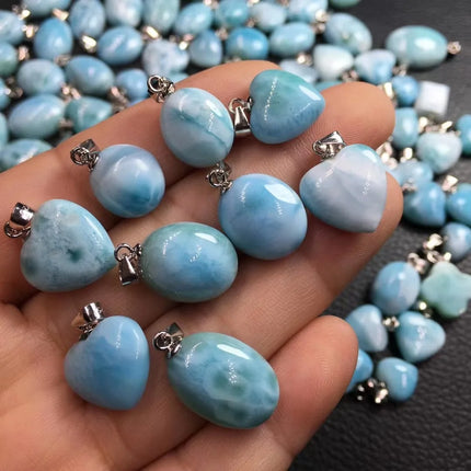 1 Pc Fengbaowu Natural Stone Dominican Republic Larimar Heart Oval Cabochon Pendant 925 Sterling Silver Jewelry Gift For Women