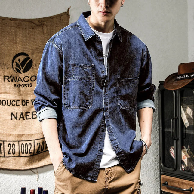 Retro American Style Long Sleeve Denim Workwear Shirt Jacket Men's Fashion Versatile Spring Outerwear Classic Look