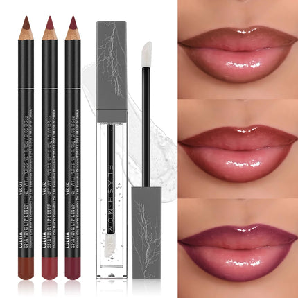 4-Pack Lip Liner and Lip Oil Set - Smooth Lip Liners for Defined Contours & Moisturizing Lip Oils for Luxurious Shine - Perfect
