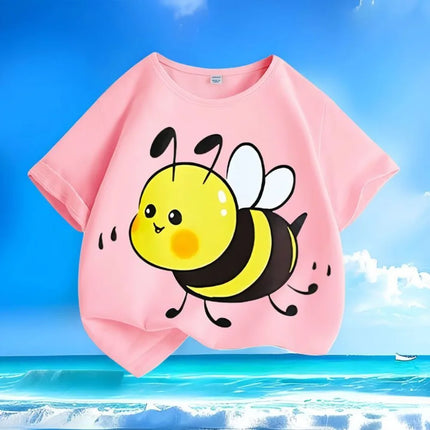 New Fashion Bee Print Kids' Stylish Round Neck Loose Fit, Pure Cotton and Breathable, Summer Trendy Streetwear for Kids