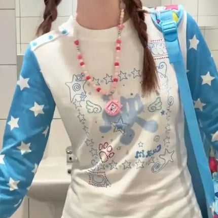 American Retro Star Print Long Sleeve Women's T-shirt Slim Fit Early Autumn New Style Design Sensation Shoulder Level Top