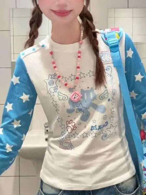 American Retro Star Print Long Sleeve Women's T-shirt Slim Fit Early Autumn New Style Design Sensation Shoulder Level Top
