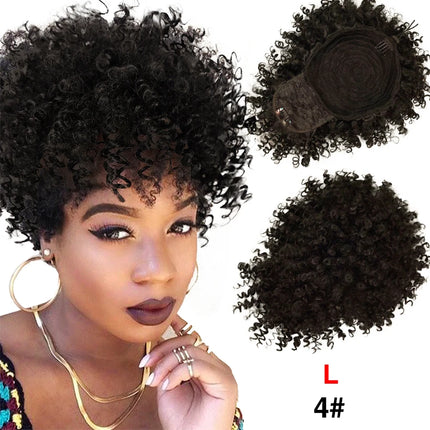 Leeons New Synthetic Afro Kinky Curly Hair Bangs Puff Hair Bun Drawstring Ponytails Clip On Hair Extension Updo Pineapple Fringe