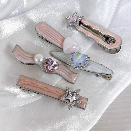 5pcs/set Pink Shiny Rhinestone Hair Clips for Girl Cute Heart Sided Clips Bangs Clips Sweet Headwear Hair Accessory