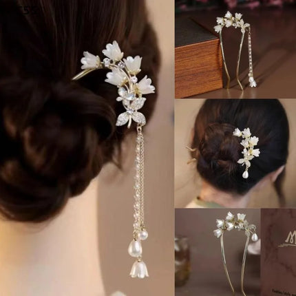 Hanfu Hair Access Long Tassel Vintage Lily Of The Valley U-shaped Hairpins Flower Handmade Hair Sticks For Women〔CC55〕