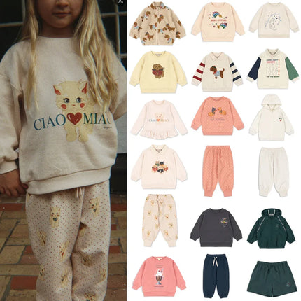 European American Girls Sweatshirts 2026 Spring Baby Boy Jacket Hoodies and Pant Suit Cat Print Pullover Top Clothes