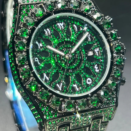MISSFOX Hip Hop Wristwatch For Men Luxury lce Out Full Diamond Watches Fashion Green Watch Wterproof Week Display Clock 2025