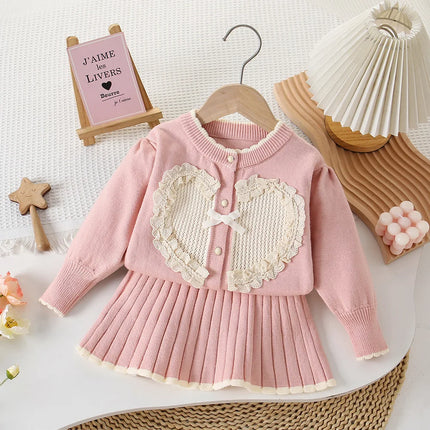 Children's Clothing Sets Love Knit Sweater + Pleated Skirt Baby Girl Winter Clothes Toddler Girl Cardigan Sweater Korean Style