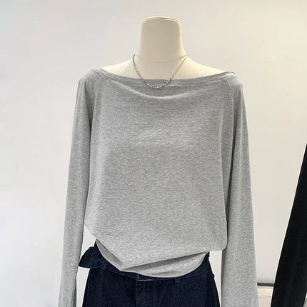 One Shoulder Cotton Slant Shoulder Long Sleeve Women's Interior-Style Wide Truffle Shoulder Base Autumn Winter Shirt