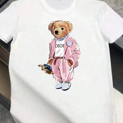 Pink Dress Bear Pattern Round Neck Women's T-Shirt Short Sleeve Fashion Print Half Sleeve Shirt Stretch T-Shirt