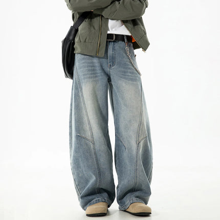 Autumn Retro Structured Split Washed Distressed Curved Jeans with Men's Silhouette Loose Straight Leg Pants Trendy Street Style