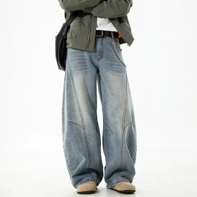 Autumn Retro Structured Split Washed Distressed Curved Jeans with Men's Silhouette Loose Straight Leg Pants Trendy Street Style