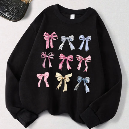 Retro Leopard Print Bow Printed Women Hoodies All-Match Fleece Casual Clothes Street Pullover Winter Autumn Woman Clothing