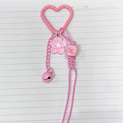Cute Cherry Blossoms Pendant Keychain Creativity Heart Shape Beaded Woven Rope Small Bell Design Bag Hanging Piece Gift A227