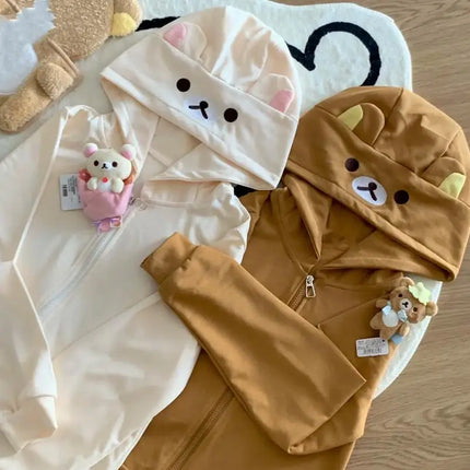 Cute Bear Ear Hooded Jacket Y2K Japanese Style Long Sleeve Zipper Casual Second Hand Women's T-shirt Spring Autumn Winter