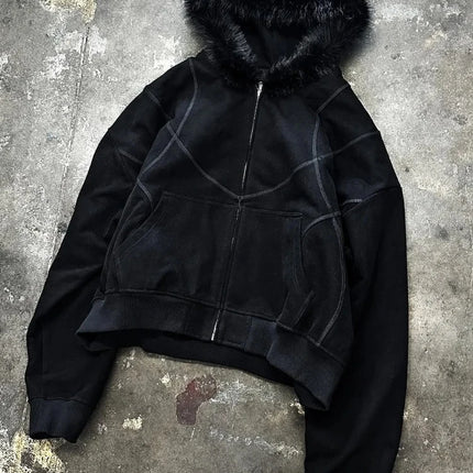 Dark Gothic Solid Color Plush Hat Collar High Street Hip Hop Long Sleeve Hoodies 2000s Autumn Winter Warm Windproof Loose Coat