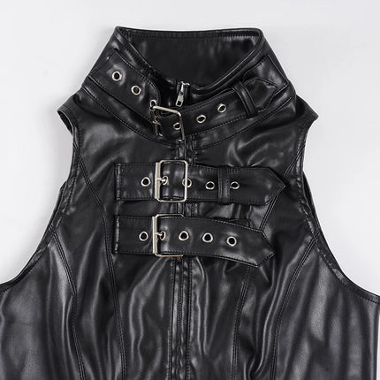 SUCHCUTE Retro Punk PU Leather Vest With Sleeve Cover Women Gothic Black Sleeveless Turtleneck Top Y2K Metal Decorative Clothing