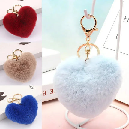 Rainbow Plush Ball Keychain Large Heart Pompom Key Chain for Women Car Bag Pendant Fashion Jewelry Fluffy Love Pompons Keyring