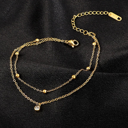 Kuziduocai 100% Stainless Steel New Fashion Jewelry 18K Gold-plated Minimalism 2-Layer Beading Zircon Charm Women Anklet Chain