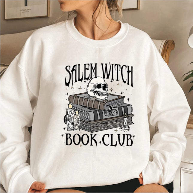 Salem Witch Book Club Sweatshirt Funny Halloween Hoodie Long Sleeve Women Crewneck Sweatshirts Happy Halloween Pullover Tops