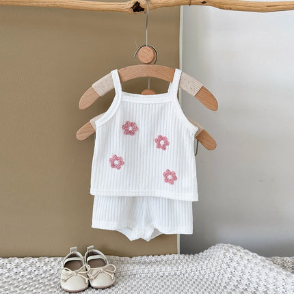2Pcs/set Summer New Baby Girls Clothing Casual Newborn Set Pink Towel Embroidery Cute Vest-type T-shirt+Shorts Baby Set