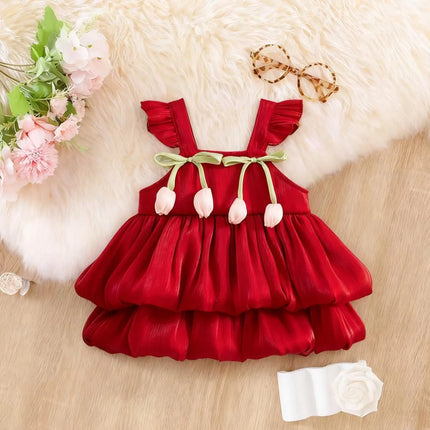 Baby Girl Dress Summer Solid Color Flower Small Fly Sleeve Girl Dress Cute Bow Baby Princess Dress Baby Girl Clothes ﻿